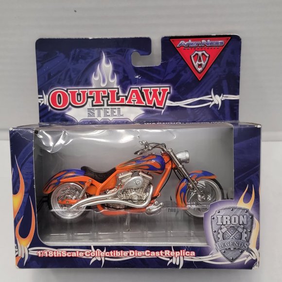 New Outlaw Steel Iron Legends Orange Blue w Flame Motorcycle DieCast Metal 1:18 - Picture 3 of 15